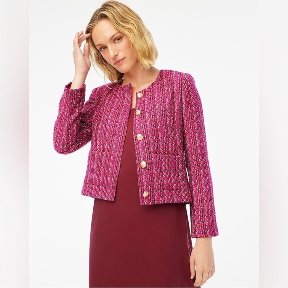 J.Crew Pink Tweed Lady Jacket Size 2 Gold Crest Buttons Cropped Blazer BS928 New - Picture 2 of 14
